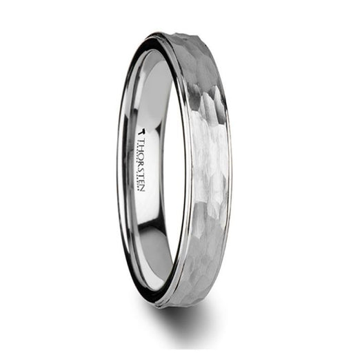 WINNIE Womens White Tungsten Ring with Raised Hammered Finish Center and Polished Step Edges - 4mm