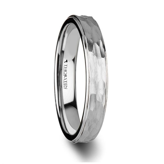 WINNIE Womens White Tungsten Ring with Raised Hammered Finish Center and Polished Step Edges - 4mm