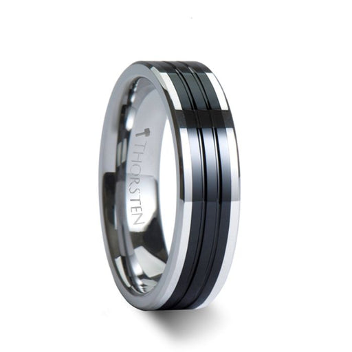 EDINBURGH Tungsten Ring with Flat Grooved Black Ceramic Inlay - 6mm - 10mm