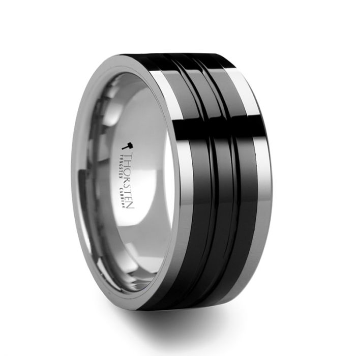 EDINBURGH Tungsten Ring with Flat Grooved Black Ceramic Inlay - 6mm - 10mm