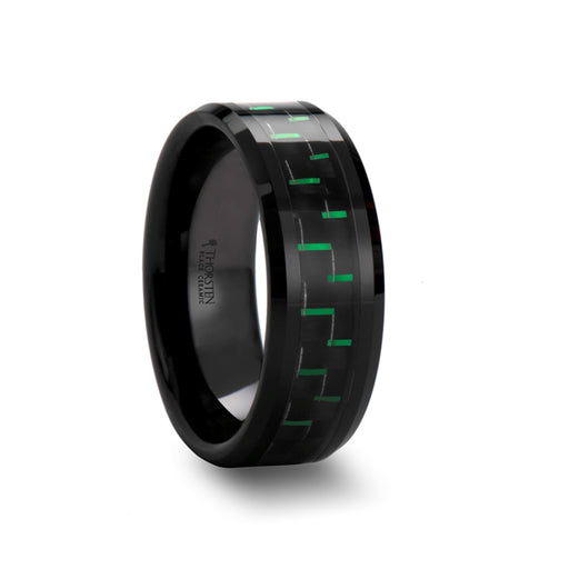 ATILUS Black Beveled Ceramic Ring with Black & Green Carbon Fiber - 8mm