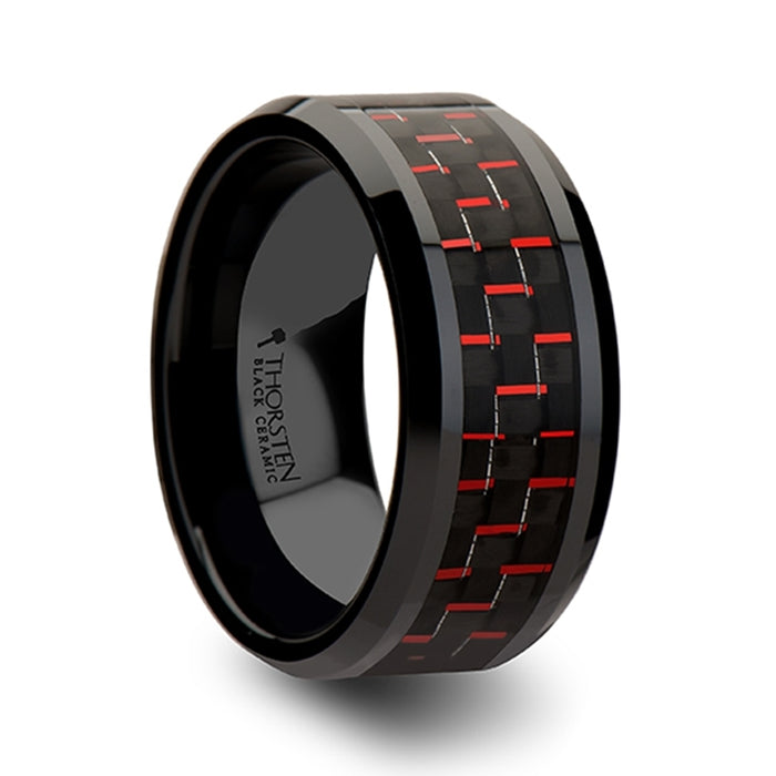 ANTONIUS Black Beveled Ceramic Ring with Black & Red Carbon Fiber - 4mm - 10mm