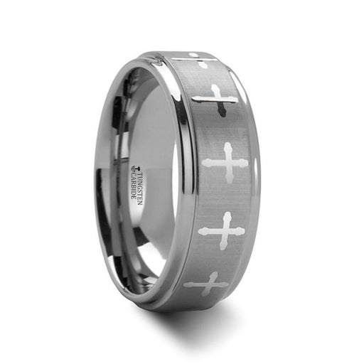 TRINITY Raised Center with Engraved Crosses Men's Tungsten Wedding Band - 8mm