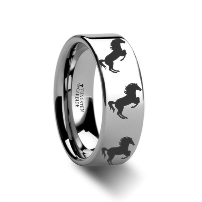 Animal Horse Hind Legs Print Ring Engraved Flat Tungsten Ring - 4mm - 12mm