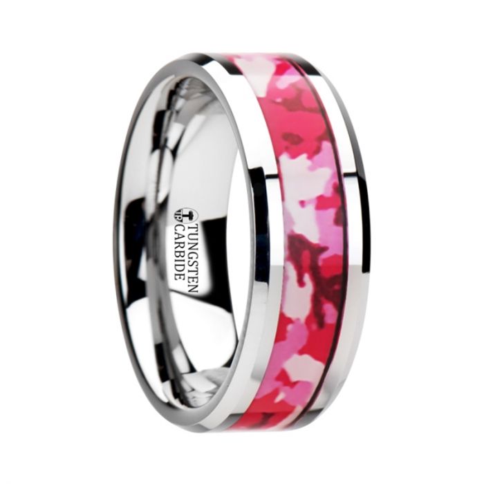 TANGO Tungsten Wedding Ring with Pink and White Camouflage Inlay - 6mm & 8mm