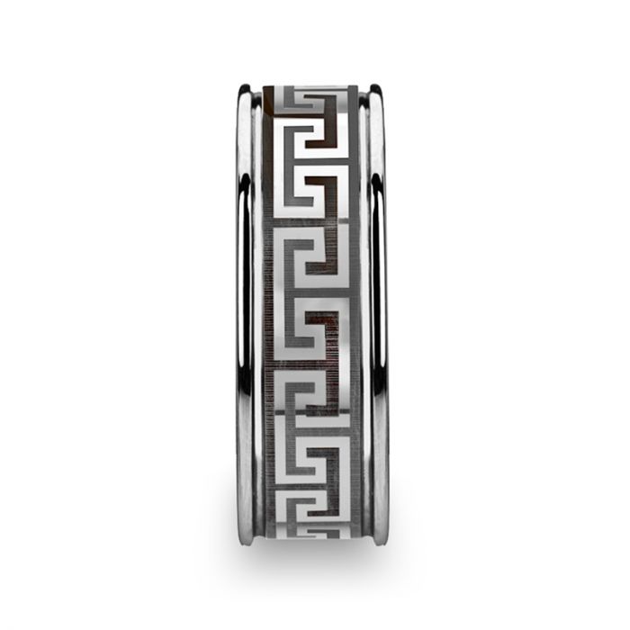 THASOS Grooved Tungsten Carbide Wedding Band with Greek Key Meander Design - 8mm