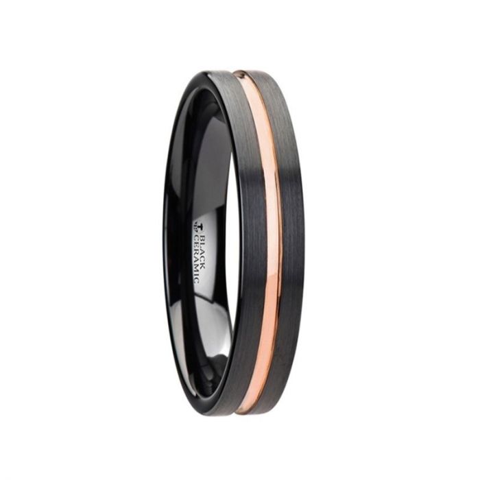 VENICE Black Ceramic Wedding Band with Rose Gold Groove - 4mm - 10mm