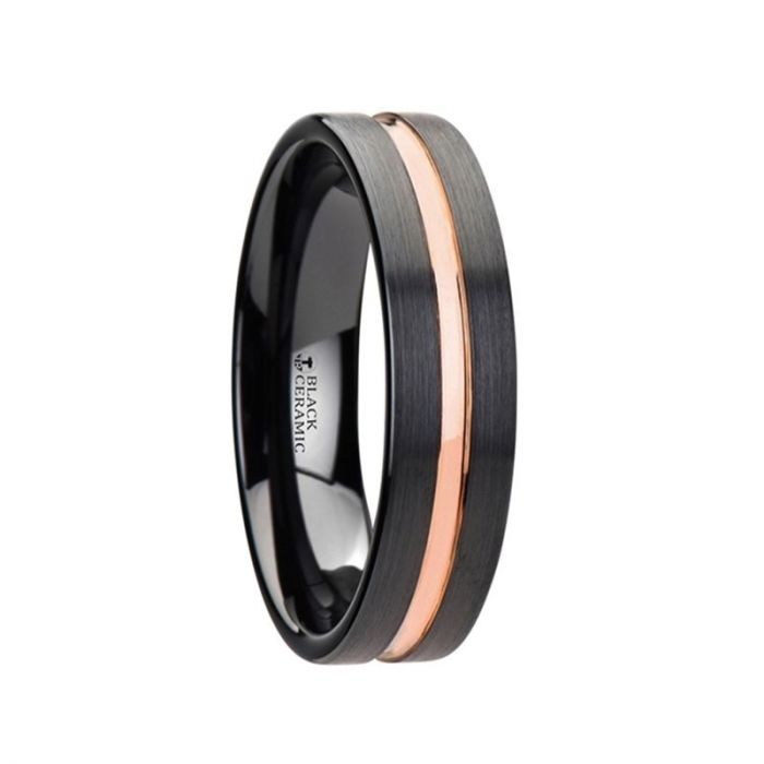 VENICE Black Ceramic Wedding Band with Rose Gold Groove - 4mm - 10mm