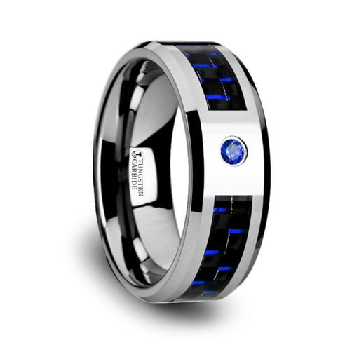 NEPTUNE Tungsten Carbide Ring with Black and Blue Carbon Fiber and Blue Sapphire Setting with Bevels - 8mm