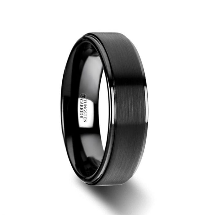 ORION Flat Black Tungsten Ring with Brushed Raised Center & Polished Step Edges - 6mm & 8mm