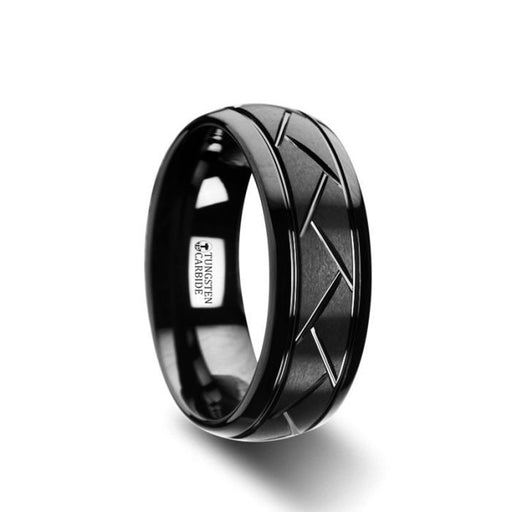 ENIGMA Domed Black Tungsten Ring with Brushed Cross Alternating Diagonal Cuts Pattern - 8mm