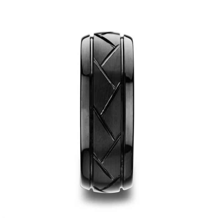 ENIGMA Domed Black Tungsten Ring with Brushed Cross Alternating Diagonal Cuts Pattern - 8mm