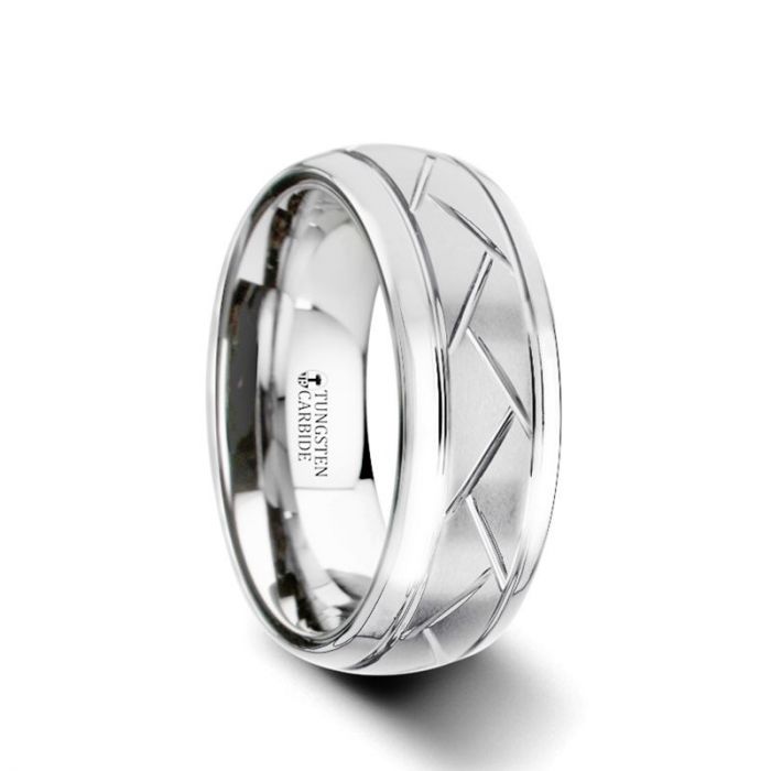 OCTAVIAN Domed Tungsten Carbide Ring with Crisscross Grooves and Brushed Finish - 8mm