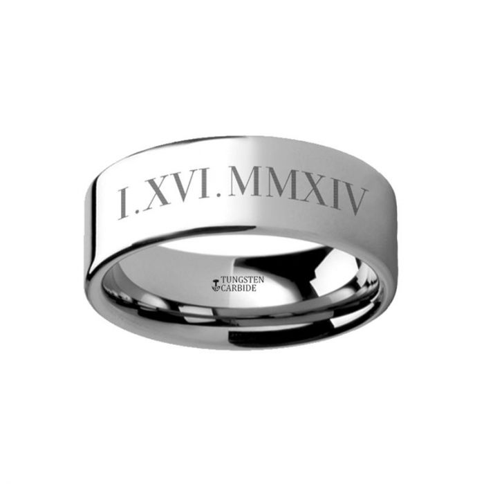 Roman Numeral Date Engraved Flat Tungsten Ring Polished - 4 mm - 12 mm