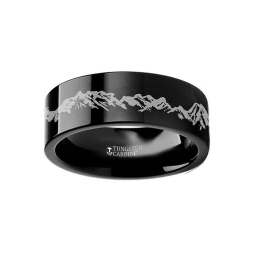 Peaks Mountain Range Outdoors Landscape Ring Engraved Flat Black Tungsten Ring - 4 mm - 12 mm