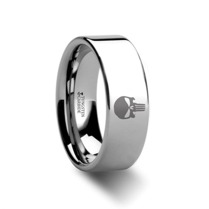 Punisher Hero Polished Tungsten Engraved Ring Jewelry - 4mm - 12mm