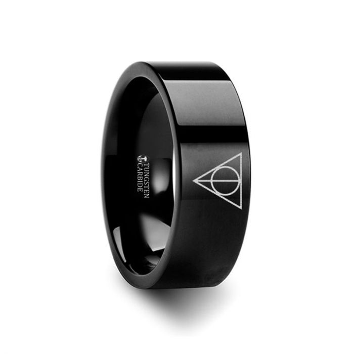 Harry Potter Deathly Hallows Symbol Super Hero Movie Black Tungsten Engraved Ring Jewelry - 4mm - 12mm