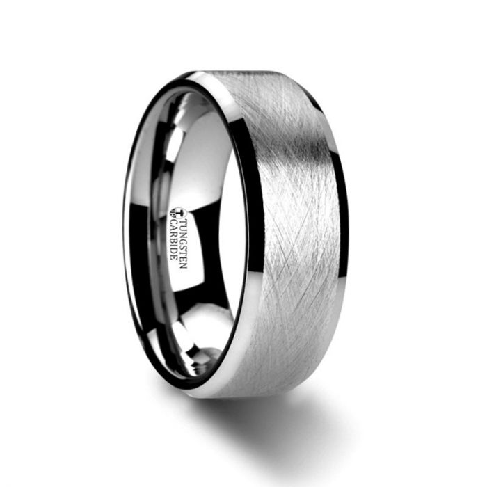 THORNE Flat Tungsten Carbide Ring with Wire Brushed Finish and Beveled Edges - 6mm & 8mm