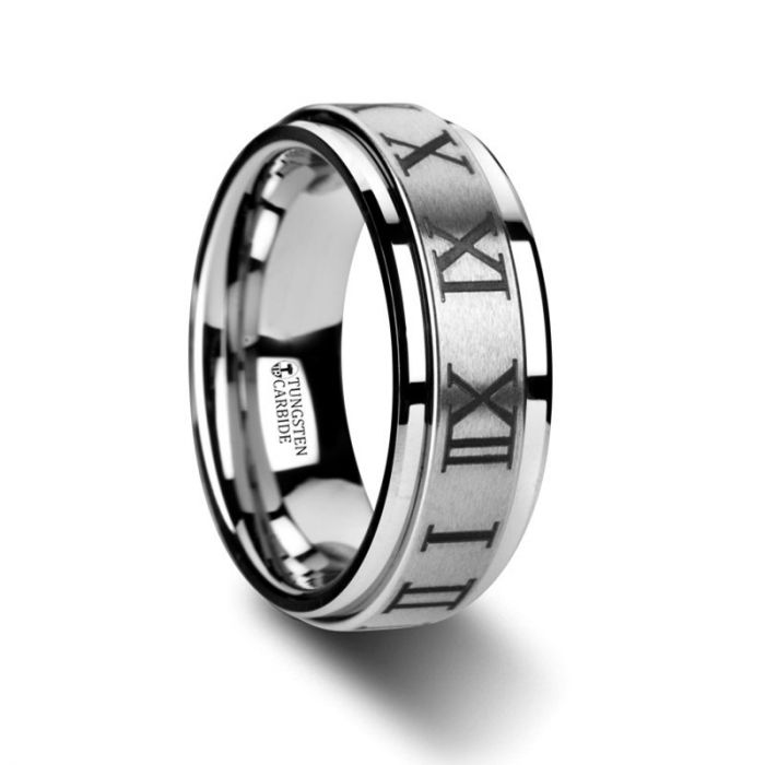 IMPERIUS Raised Center Brush Finish Spinner Ring with Roman Numerals - 8mm