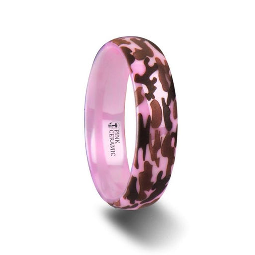 JOAN Domed Polished Pink Ceramic Ring with Laser Engraved Camo Pattern - 6mm