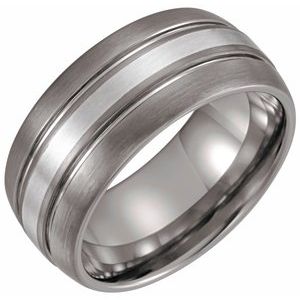 Tungsten & Sterling Silver Slightly Domed Grooved Satin Band TAR401 - 10 mm