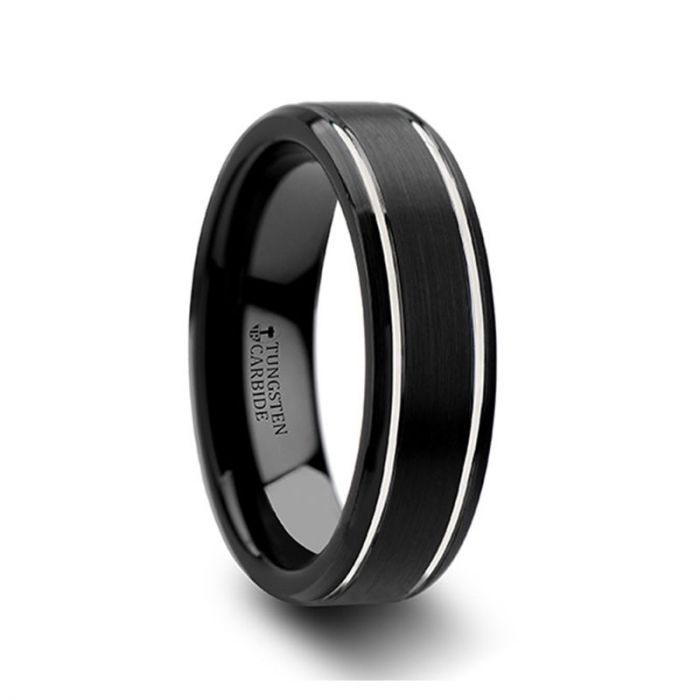 NOCTURNE Black Beveled Tungsten Carbide Band with Polished Grooves and Brushed Finish - 6mm & 8mm