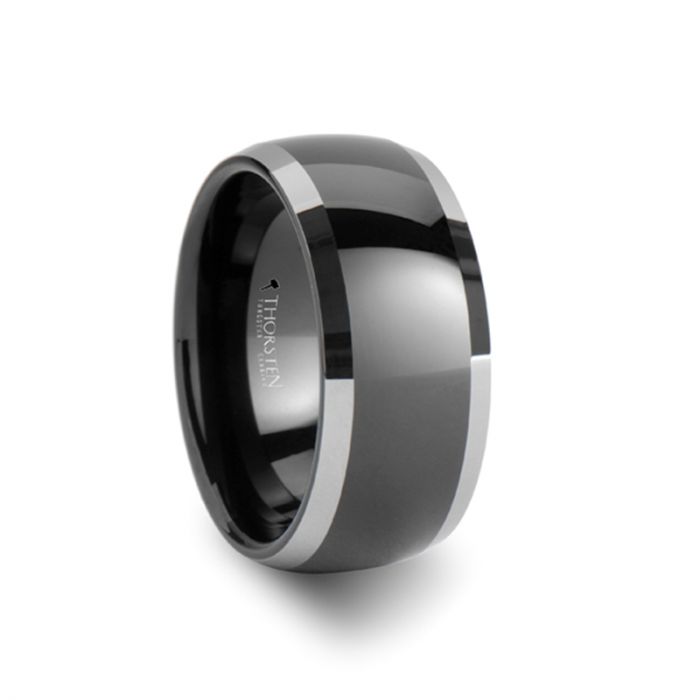 MEMPHIS Domed Black Tungsten Wedding Band with Polished Edges - 10 mm