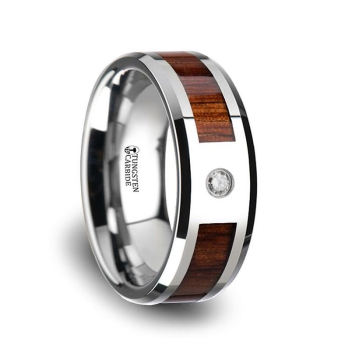 KAHUNA Tungsten Carbide Beveled Edged Diamond Wedding Band with Koa Wood Inlay & Polished Edges - 8mm