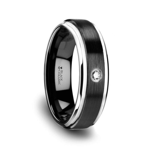 MONARCH Black Ceramic Diamond Wedding Band with Polished Beveled Step Edges & Raised Brush Center - 6mm & 8mm