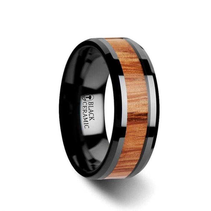 OBLIVION Red Oak Wood Inlaid Black Ceramic Ring with Bevels - 6mm - 10mm