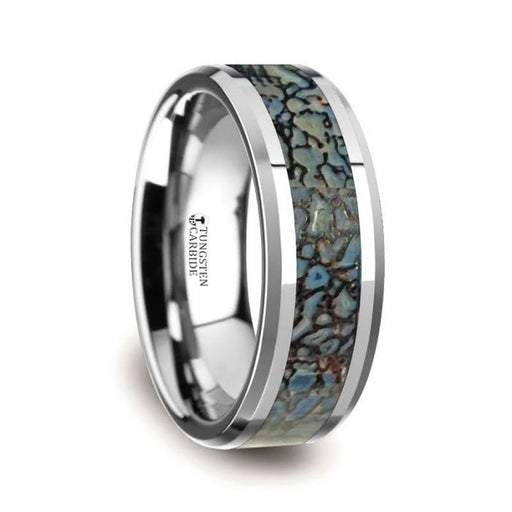 DEVONIAN Blue Dinosaur Bone Inlaid Tungsten Carbide Beveled Edged Ring - 4mm & 8mm