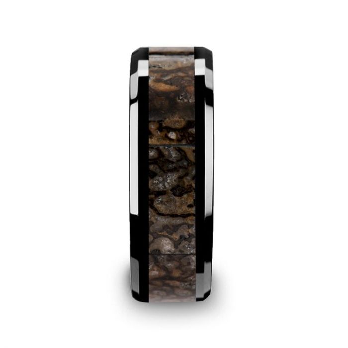 SILURIAN Dinosaur Bone Inlaid Black Ceramic Beveled Edged Ring - 4mm & 8mm