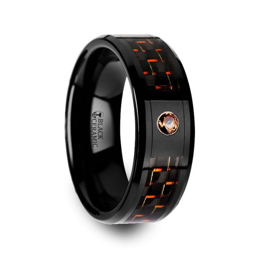HELSING Black Ceramic Ring with Black and Orange Carbon Fiber and Orange Padparadscha Setting - 8mm