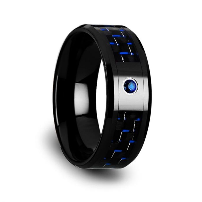 ODELL Black Ceramic Ring with Black and Blue Carbon Fiber and Blue Sapphire Setting - 8mm