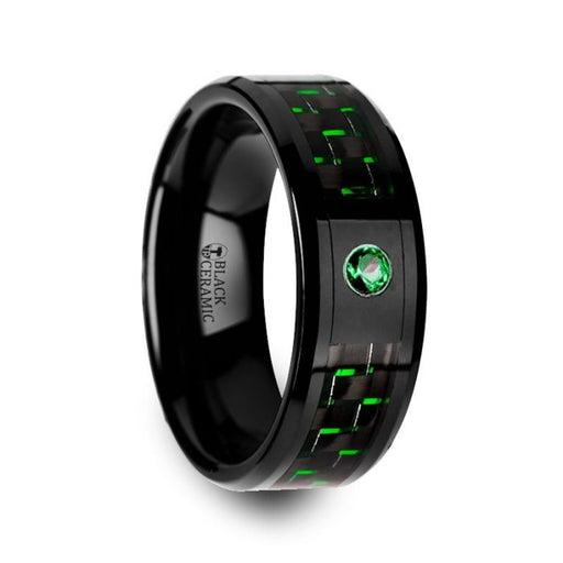 HADAR Black Ceramic Ring with Black and Green Carbon Fiber and Green Emerald Setting - 8mm