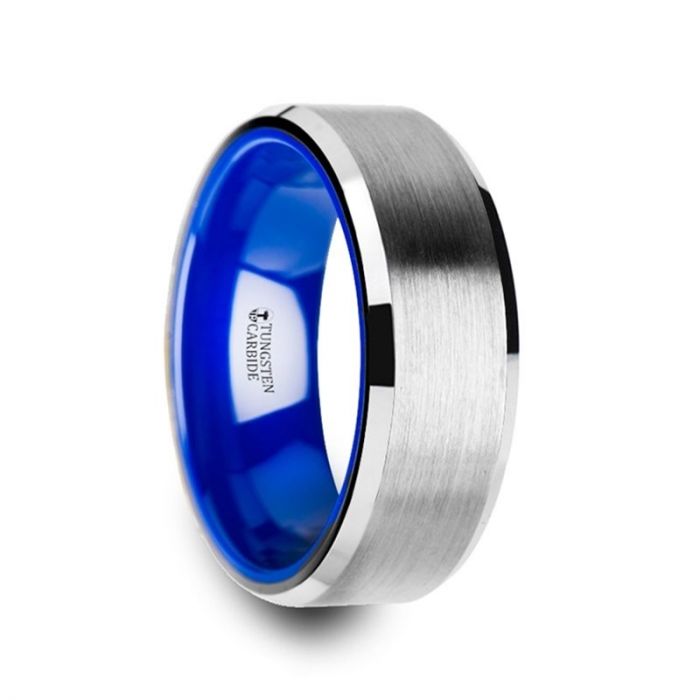 SIRIUS Flat Beveled-Edged Tungsten Ring with Brushed Center and Vibrant Blue Ceramic Inside - 8mm