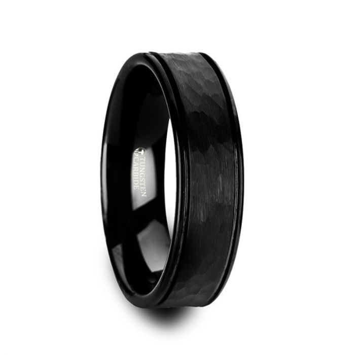 JOINER Hammered Finish Center Black Tungsten Carbide Wedding Band with Dual Offset Grooves and Polished Edges - 6mm & 8mm