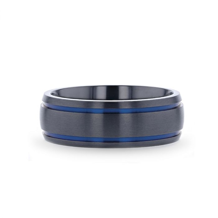 SHERIFF Domed Black Titanium Brushed Finish Men’s Wedding Ring with Blue Grooves - 8mm