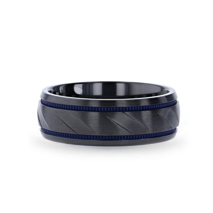 PATROL Black Titanium Carved Diagonal Pattern Brushed Finish Men’s Wedding Ring with Blue Milgrain Grooves - 8mm