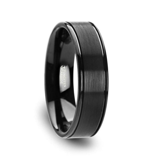 TURNER Flat Brushed Finish Center Black Tungsten Carbide Wedding Band with Dual Offset Grooves and Polished Edges - 6mm & 8mm