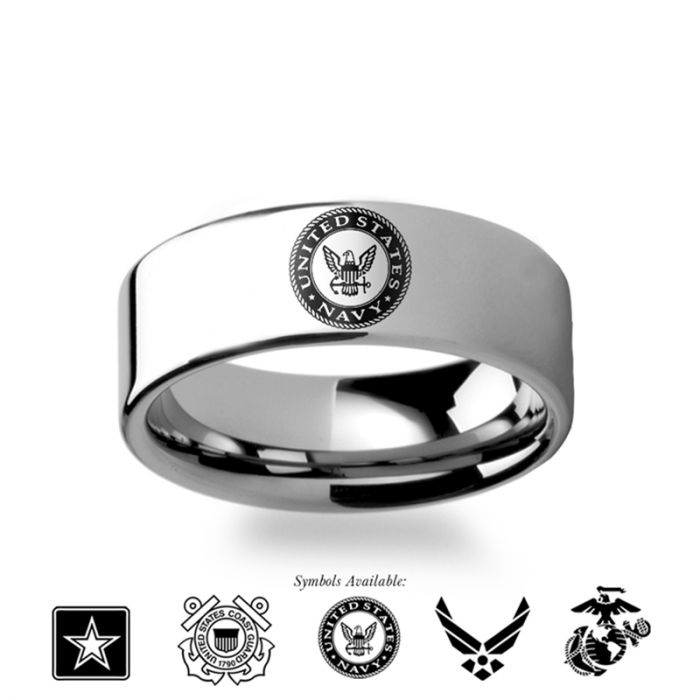 Military Symbol Logo Engraving Flat Polished Tungsten Ring - Army, Coast Guard, Navy, Marines, Air Force - 4mm - 12mm