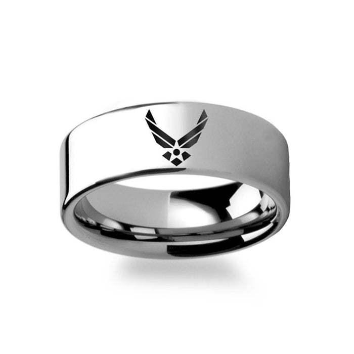 Military Symbol Logo Engraving Flat Polished Tungsten Ring - Army, Coast Guard, Navy, Marines, Air Force - 4mm - 12mm