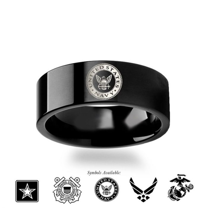 Military Symbol Logo Engraving Flat Polished Black Tungsten Ring - Army, Coast Guard, Navy, Marines, Air Force - 4mm - 12mm