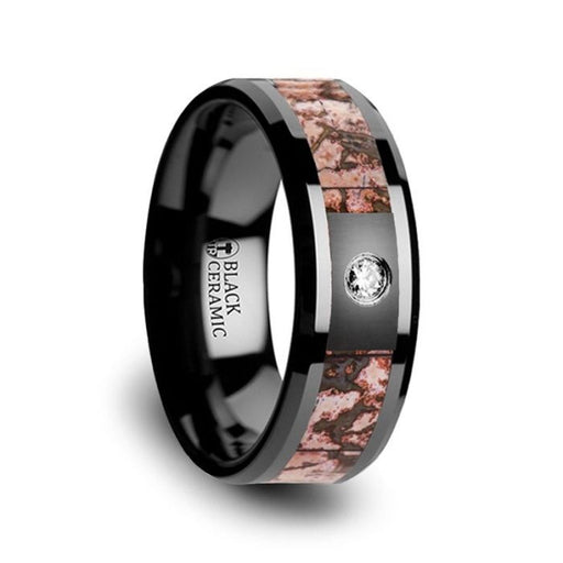 Pink Dinosaur Bone Inlaid Black Ceramic Diamond Wedding Band with Beveled Edges - 8 mm