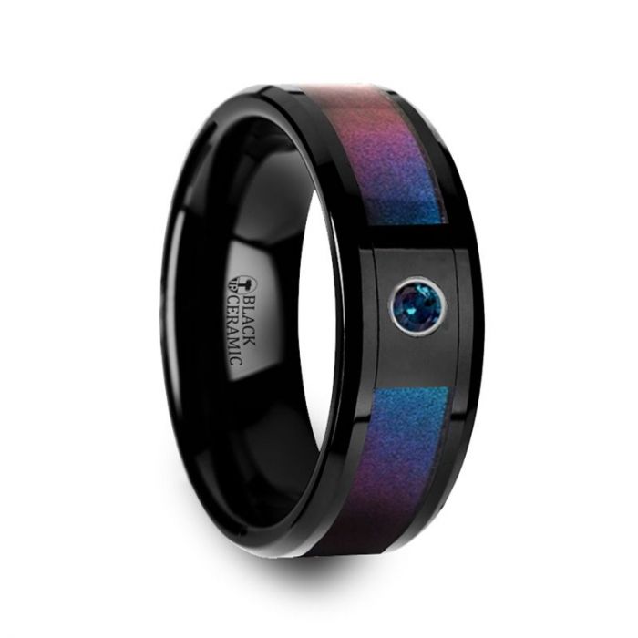 KLEIN Black Ceramic Ring with Blue & Purple Color Changing Inlay and Alexandrite Setting - 8mm
