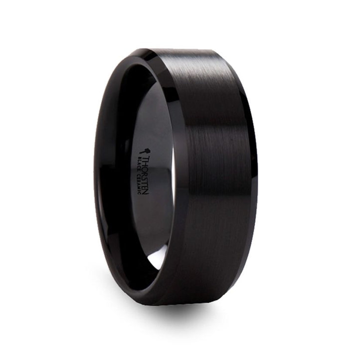 YORKSHIRE Brushed Finish Black Ceramic Wedding Band with Beveled Edges 6mm & 8mm