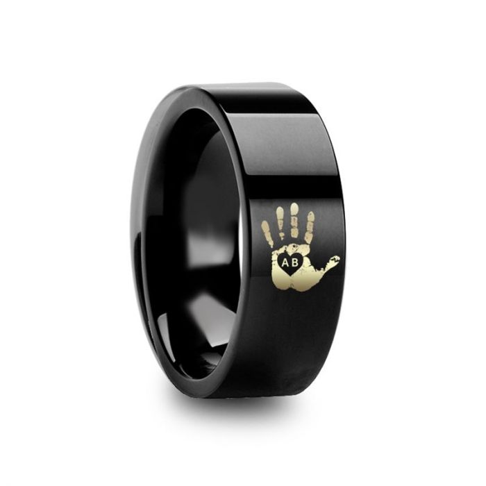 Handprint Initials Engraved Flat Pipe Cut Black Tungsten Ring Polished - 6 mm - 12 mm