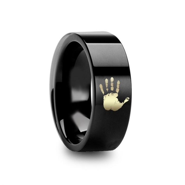 Handprint Engraved Flat Pipe Cut Black Tungsten Ring Polished - 6 mm - 12 mm