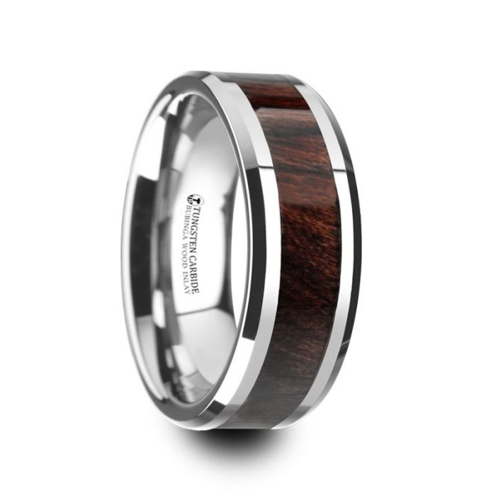KEVAZ Bubinga Wood Inlaid Tungsten Carbide Ring with Bevels - 8mm