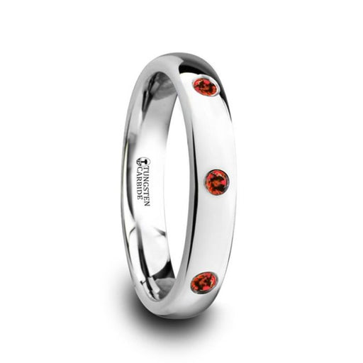 MAERA Polished and Domed Tungsten Carbide Wedding Ring with 3 Red Rubies Setting - 4mm